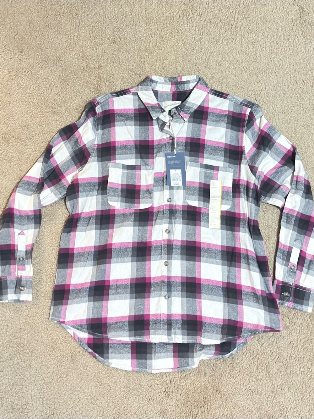 NWT Universal Thread Women's Plaid Button-Down Shirt - White, Gray & Pink SIZE S